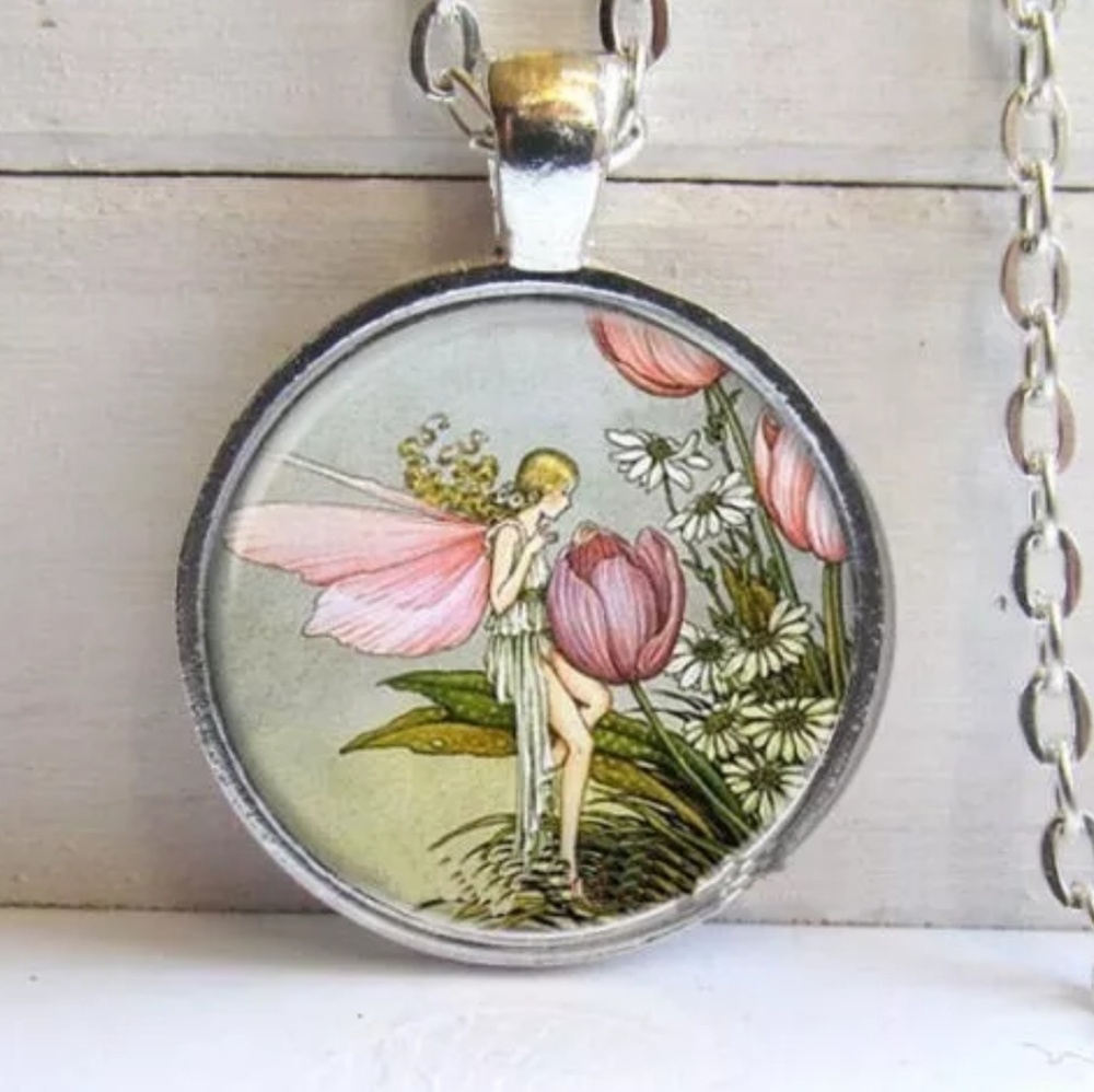 Garden Fairy Among Tulips Silver & Glass Necklace